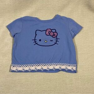 Hello Kitty Blue Kids Shirt Pink Sparkle Glitter Bow Lace Crochet Front Trim